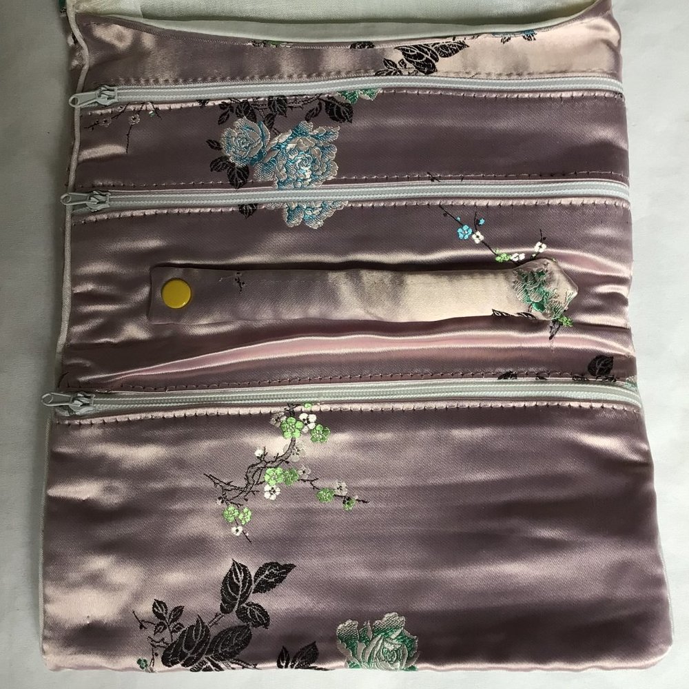 Vintage Pink Satin Jewelry Roll with Bonsai Tree and Rose Design - Picture 3 of 4